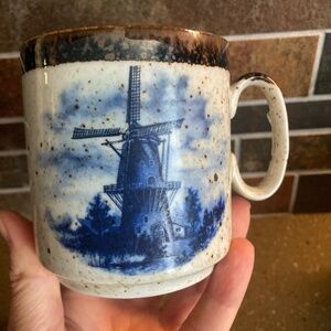 Vtg Delft Blue Coffee Mug Speckled Pottery Holland Windmill